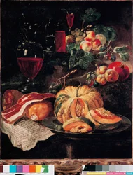 Stillleben mit Kürbis, Speck, Schinken, Pfirsichen und Wein. Gemälde von Giovan Paolo Castelli genannt Lo Spadino (1659-1730) 1703 Rom, Museum der Konservatoren