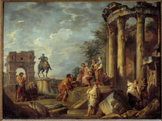 Architektonische Ruinen mit dem Bogen des Janus, dem Tempel der Vesta und der Statue von Marc Aurel