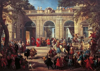 Karl III. von Bourbon bei einem Besuch bei Papst Benedikt XIV. im Kaffeehaus des Quirinals