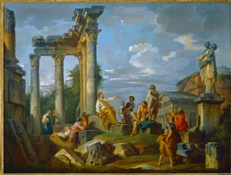Prediger inmitten von Ruinen in Rom, bereichert mit Figuren, mit dem Pantheon und der Statue der Flora