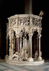 Stuhl. Marmorskulptur von Giovanni Pisano (1248-1314). 1302-1311 Kathedrale von Pisa (Duomo di Santa Maria Assunta di Pisa), Italien