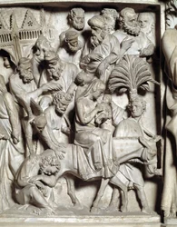 Detail der Reliefs des Stuhls von Giovanni Pisano (1248-1314): Flucht nach Ägypten (Detail)