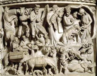 Detail der Reliefs des Stuhls von Giovanni Pisano: Die Reise und die Anbetung der Heiligen Drei Könige (Detail der Reliefs des Marmorpults)