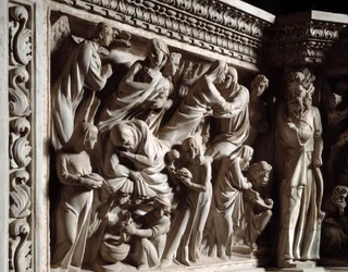 Detail der Reliefs des Stuhls von Giovanni Pisano (1248-1314): Verkündigung, Heimsuchung und Geburt Johannes des Täufers (Detail)