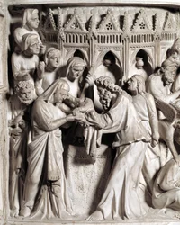 Detail der Reliefs des Stuhls von Giovanni Pisano: Die Darstellung Jesu im Tempel (Detail der Reliefs des Marmorpults)