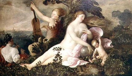 Allegorie eines venezianischen Sieges, die zentrale Figur von Fortuna oder Chance begleitet von Figuren, die Natur und Musik symbolisieren, ca. 1518