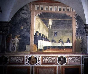 St. Benedikt und das vergiftete Brot, Detail aus dem Freskenzyklus des Lebens des St. Benedikt aus dem Chiostro degli Aranci (Orangenkloster) ca. 1430er