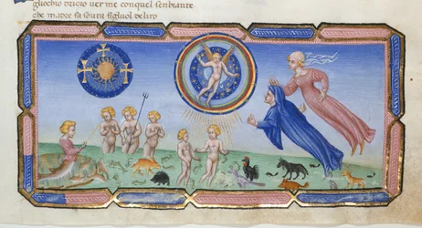 Dante und Beatrice Zeugen die Sphären und Kreuze, die Sphären des Himmels mit Liebe, eine fischende Meerjungfrau und Kreaturen im Meer des Seins, aus Paradiso in 