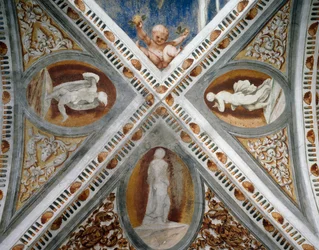 Mosaiknischen und Statuen, Detail der Fresken von Girolamo Romanino, im Auftrag von Bernardo Clesio