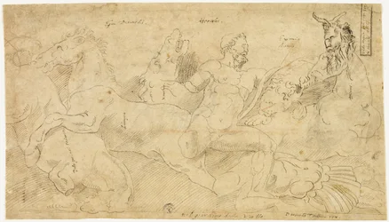 Antikes Relief mit Herkules und den Stuten des Diomedes (recto); Zwei Skizzen: Drapierter Satyr und geflügelte weibliche Figur (verso)