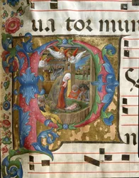 Lettrine P dekoriert, die die Miniatur Geburt Christi von Girolamo da Cremona darstellt, aus einem Chorbuch (Cod. 18/3) aus der Kathedrale von Siena. 15. Jahrhundert