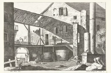 Hof eines Bauernhofs mit zwei großen Fässern