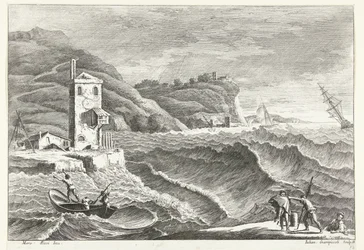 Küstenlandschaft mit Sturm auf See und Leuchtfeuer