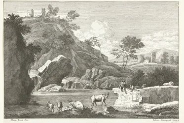 Landschaft mit zwei Hirten und Vieh am Wasser