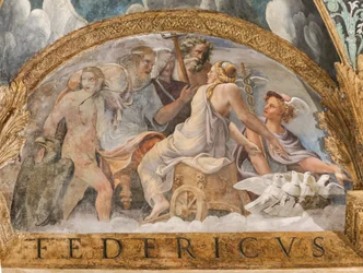 Detail des Gewölbes: Lünette darstellend Venus, die von Zeus die Verfügbarkeit von Merkur erhält, Kammer von Amor und Psyche (Sala di Amore e Psiche)