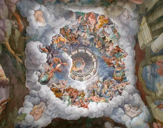 Zeus, umgeben von anderen Göttern des Olymps, schleudert Blitze gegen die Giganten und vernichtet sie, Gewölbe sowie Süd- und Westwand, Saal der Giganten (Sala dei Giganti)