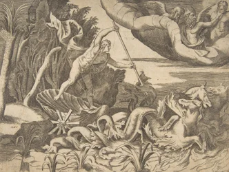 Neptun in seinem Wagen, gezogen von Seepferdchen, aus der 