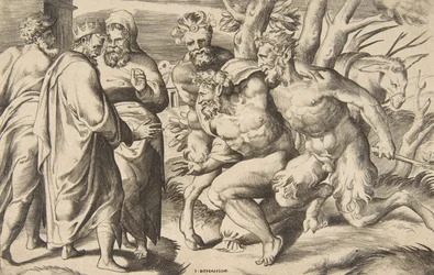Zwei Satyrn bringen Silenus, König Midas steht links, 1531-76