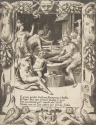 Vulkan, Neptun, Athene und andere Götter schmieden Fesseln, um Jupiter aus dem Himmel zu ziehen