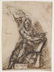 Sitzender Mann mit Schrifttafel(?). Architekturdetaill