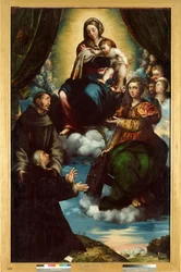 Die Madonna und das Kind, Heilige Katharina von Alexandrien, Heiliger Franziskus und Pietro Martire Stampa