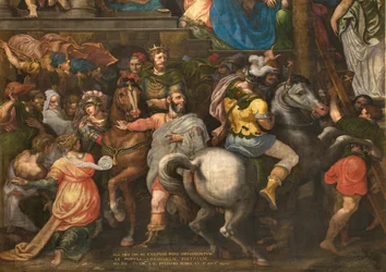 Wand gegenüber der Gegenfassade des südlichen Querschiffs, Giuseppe Campi, Triumph des Mordechai 1567, Detail unterer Teil