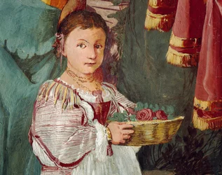 Nymphe Amaryllis als Siegerin des Kusswettbewerbs gekrönt, Fresko von Giulio Carpioni, inspiriert vom Schäferspiel Der treue Hirte, von Giovanni Battista Guarini, Villa Caldogno (UNESCO-Welterbe)