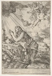 Die reuige Magdalena kniet auf felsigem Boden vor einem Schädel und Knochen, eine Salbe ..., ca. 1640-55