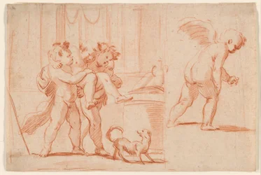 Zwei Putti tragen einen dritten Putto; ein weiterer Putto von hinten