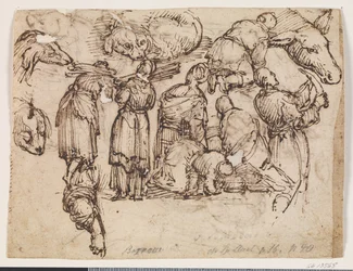 Diverse Studien zu insgesamt 7 Personen. Unter anderem zu Frauen, die Bündel tragen, und zu einem Mann mit einem Messer, sowie zu einem Esel- und zwei Hundeköpfen und einem liegenden Hund