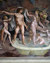 Bad von Mars und Venus, Fresko von Giulio Romano, Nordwand der Kammer von Amor und Psyche, Palazzo Te, Mantua (UNESCO-Welterbeliste, 2008), Lombardei, Italien