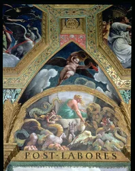 Lunette, die Psyche darstellt, wie sie eine von Venus gestellte Aufgabe erfüllt, aus der Unterwelt ein Gefäß mit der Schönheit von Proserpina zu holen