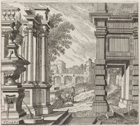 Architektonische Fantasie mit einem Brunnen, klassischen Ruinen und einer Brücke