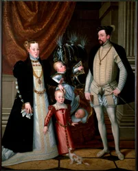Kaiser Maximilian II. (1527-1576) mit seiner Familie: Maria von Spanien (1528-1603) und ihren Kindern Anna (1549-1580), Rudolf (1552-1612) und Ernst (1553-1591), 1553. Maße: 188 x 240 cm. Schloss Ambras, Innsbruck