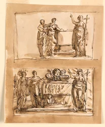 Sarkophag und allegorische Figuren