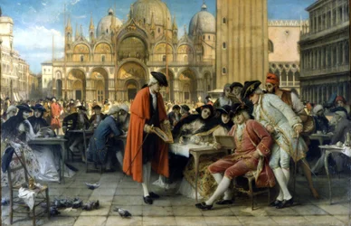 Der Maler Francesco Guardi verkauft seine Gemälde vor dem Florian-Café. 1892. Gemälde von Giuseppe Bertini. Galleria d