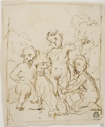 Drei Putti und Hund in einer Landschaft