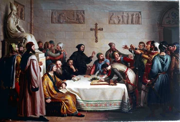 Der Eid von Pontida. Zeremonie des Bündnisses am 07.04.1167 zwischen den Gemeinden der Lombardei gegen das Heilige Römische Reich von Friedrich Barbarossa. Es ist der Ursprung der Lega Lombarda (Lombardische Liga). Gemälde von Giuseppe Diotti (1779-1846)