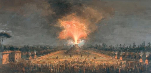 Nächtliches Fest mit feuerspeiendem Vulkan in den Cascine zu Florenz zu Ehren des Großherzogs Ferdinand III