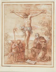 Der heilige Augustinus und zwei Engel, die das Kruzifix anbeten
