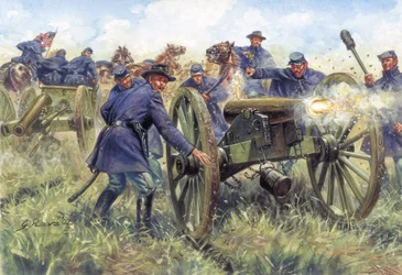 Amerikanischer Bürgerkrieg: Soldaten des Nordens (Union) benutzen eine Waffe während einer Schlacht - Illustration von Giuseppe Rava