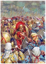 Schlacht bei den Thermopylen: Die spartanische Armee unter dem Kommando von Leonidas I. kämpft 480 v. Chr. gegen die Perser (Illustration von Giuseppe Rava)