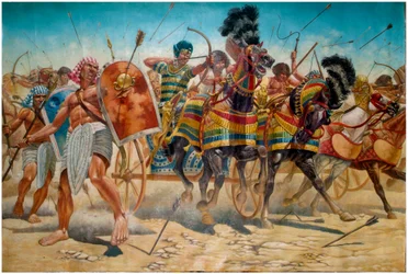 Ägyptische Antike: Darstellung des Pharaos Ramses II. (1304-1213 v. Chr.) mit seiner Armee, die Panzer während der Schlacht von Qadesh im Jahr 1274 v. Chr. führt - Pharao Ramses II. (1303 v. Chr. - 1213 v. Chr.) und seine Armee während der Schlacht von Kad