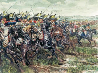 Erstes Kaiserreich: Angriff der Schlachtschiffe der Großen Armee Napoleons I - Illustration von Giuseppe Rava