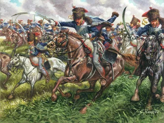 Erstes Kaiserreich: der Angriff des 15. Regiments der englischen Dragoner in der Schlacht von Waterloo am 18.06.1815 - Illustration von Giuseppe Rava