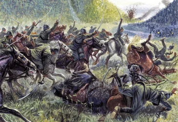 Erster Weltkrieg: „Savoia“ Die italienische Kavallerie beim Angriff von Stupizza, in der Nähe von Caporetto