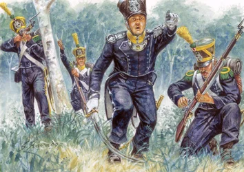 Erstes Kaiserreich: Leichte Infanterie-Voltigeure im Wald (Illustration von Giuseppe Rava)