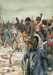Es lebe der Kaiser! Kaiser Napoleon I zu Pferd umgeben von seiner Armee während der Frankreichkampagne im Januar 1814 - Illustration von Giuseppe Rava