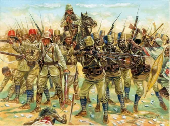 Mahdi-Aufstand (Sudan-Krieg) (1881-1899): Kräfte in der Schlacht von Omdurman (rechts die sudanesischen Derwische und links die anglo-ägyptische Armee) am 2.09.1898