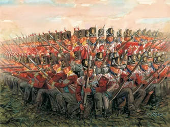 Napoleonische Kriege: Englische Soldaten während der Schlacht von Waterloo am 18. Juni 1815 (Illustration von Giuseppe Rava)